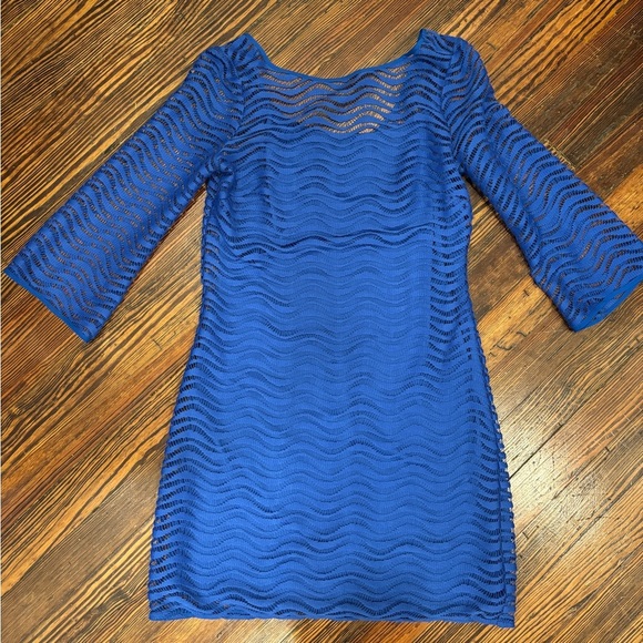Lilly Pulitzer Topanga Sapphire Blue Wavy Knit Lace Dress Sz Medium 3/4 Sleeve - Picture 4 of 8